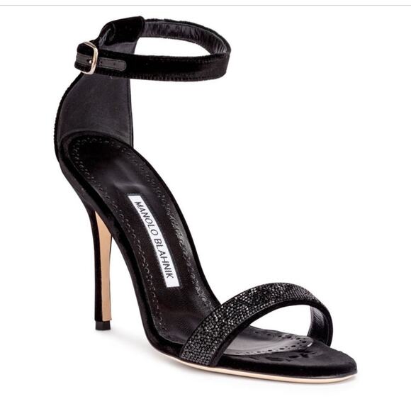 Manolo Blahnik Black Satin Crystal Chaos High Heel Open Toe Sandal 39.5 - Picture 1 of 10